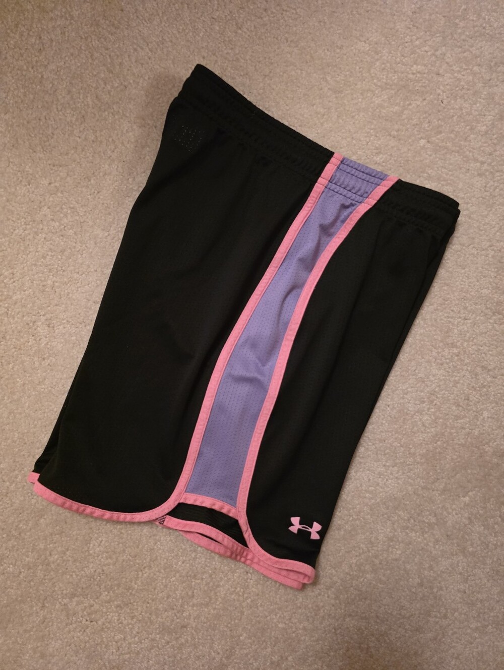 Under Armour Black Athletic Shorts Pink Trim & Lavender Panel Small Loose Fit